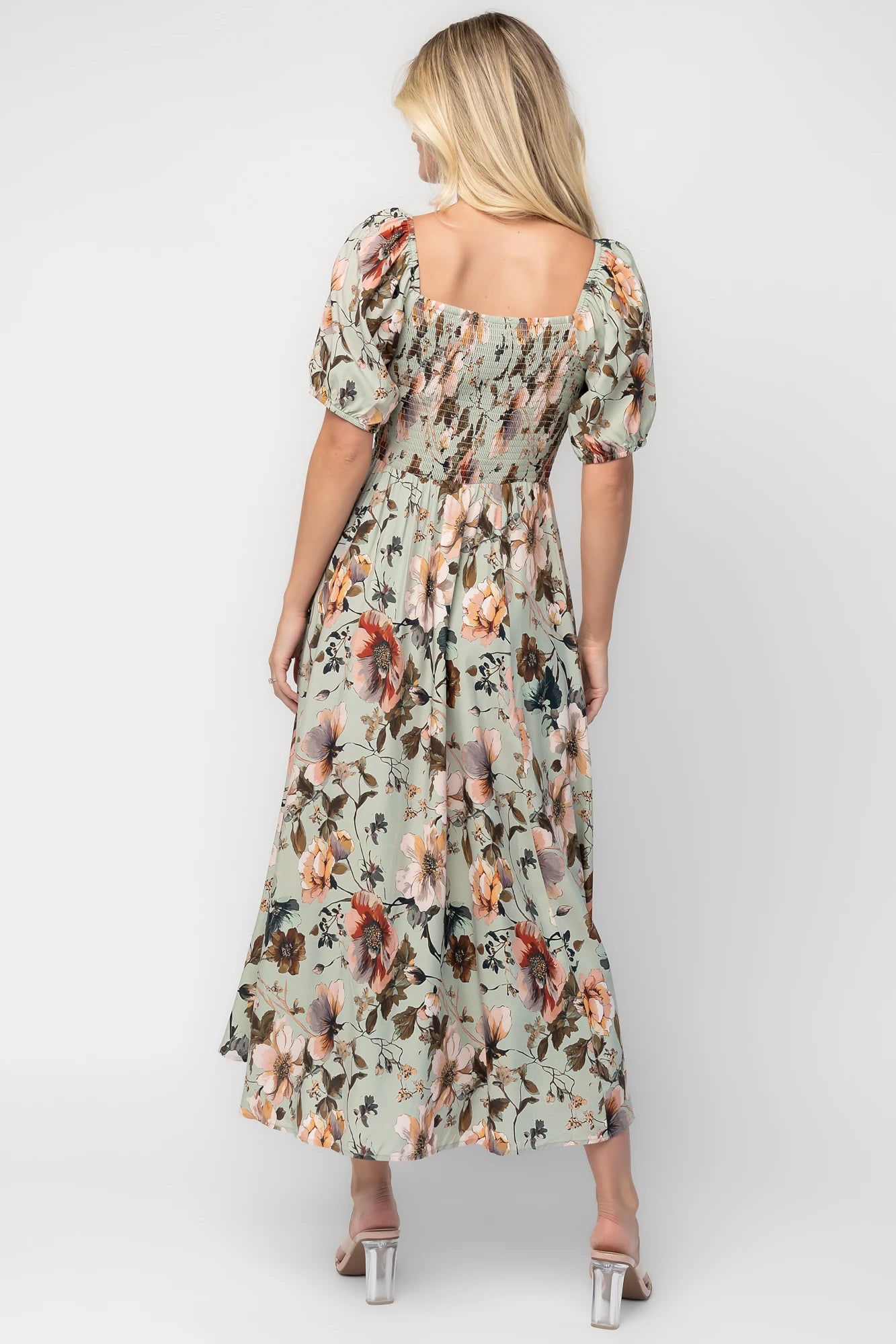 midi dark sage floral dress 1xl Baltic Born Womens Loretta Smocked Midi Dress | Dark Sage