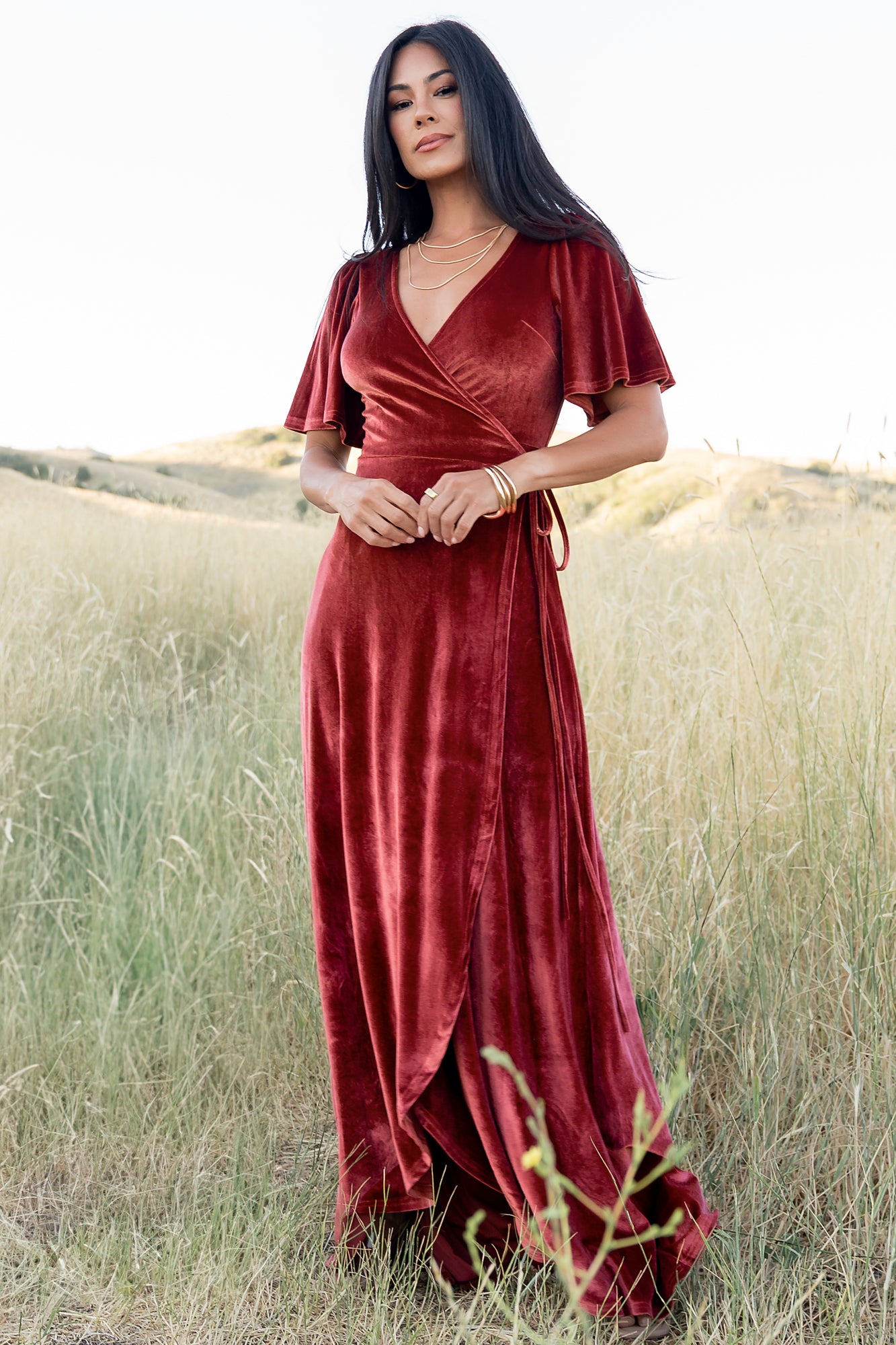 Baltic Born Womens Katelyn Velvet Maxi Wrap Dress | Terracotta