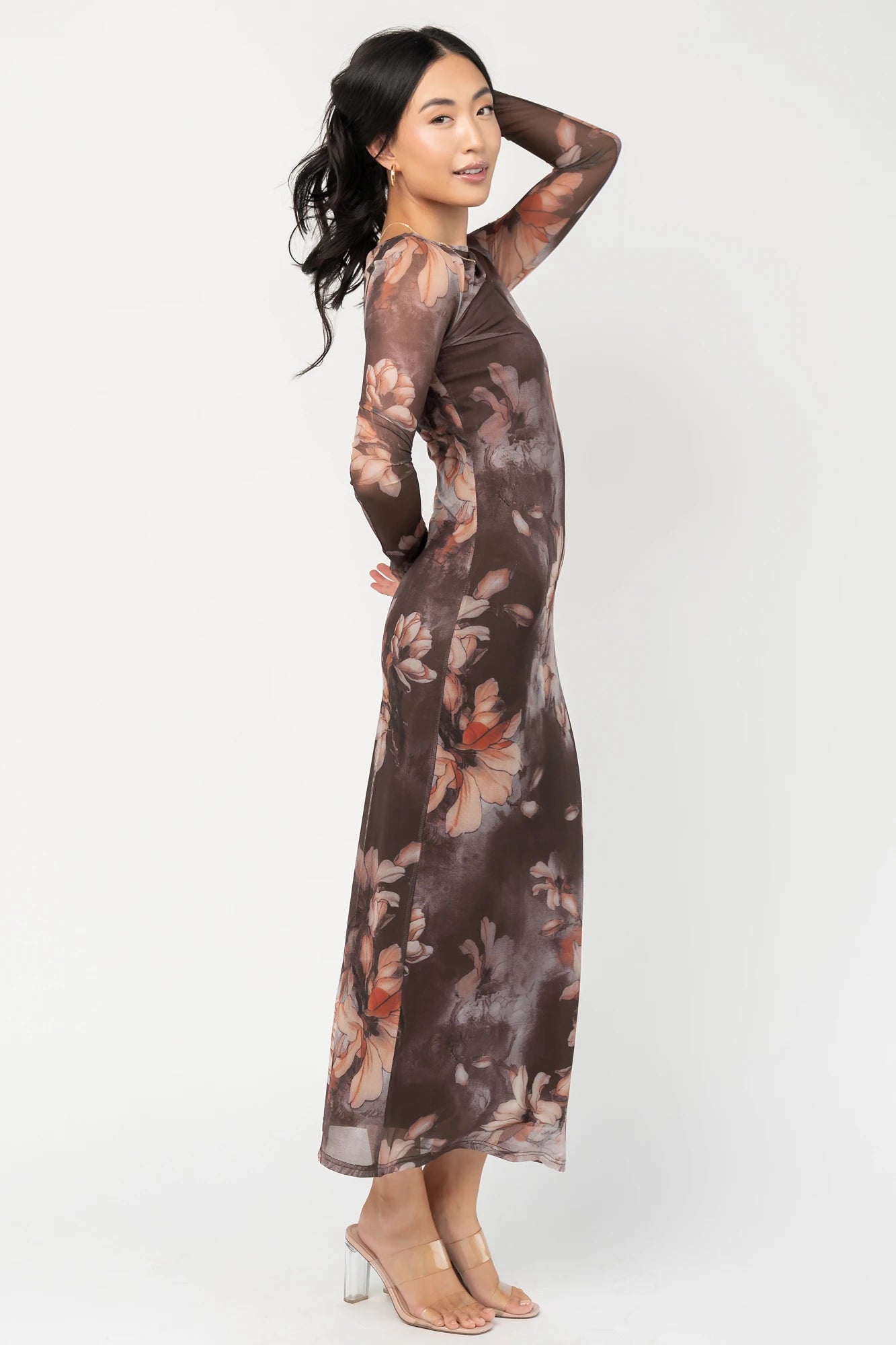 Darya Mesh Midi Dress | Brown Floral