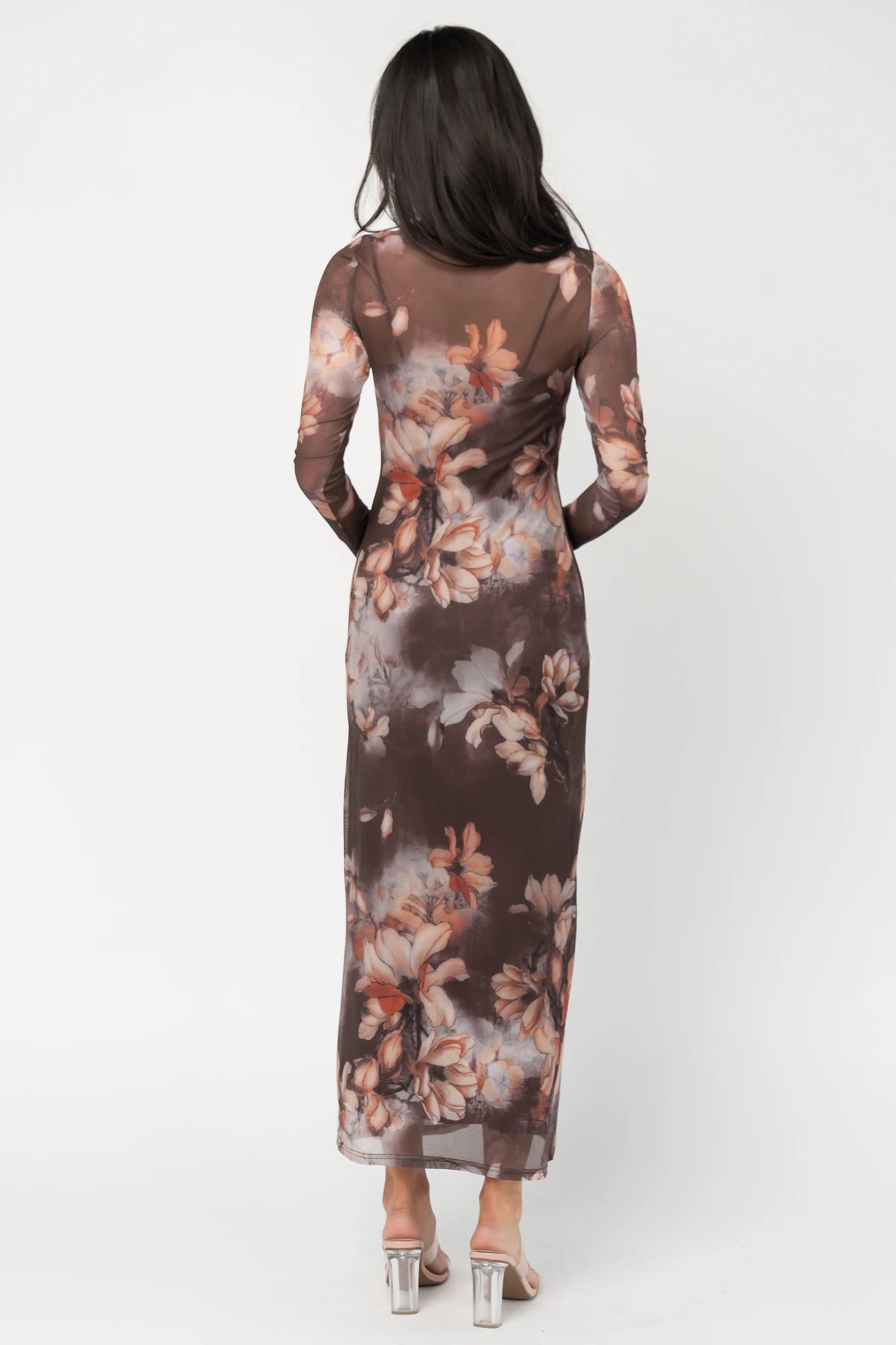 Darya Mesh Midi Dress | Brown Floral