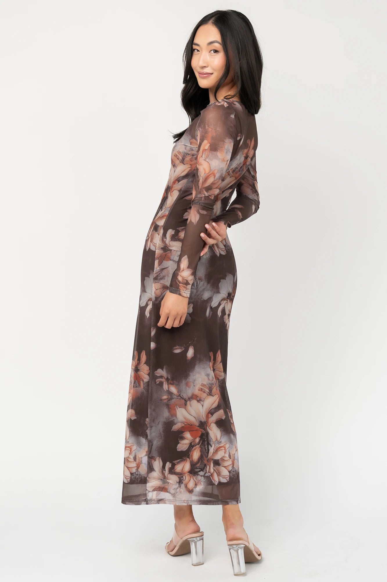 Darya Mesh Midi Dress | Brown Floral