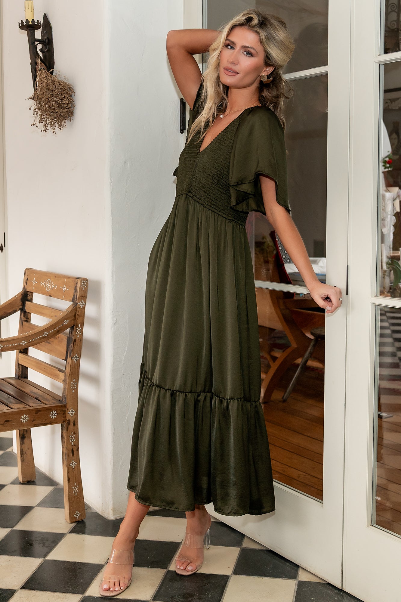 Lovell Smocked Midi Dress, Deep Olive Satin
