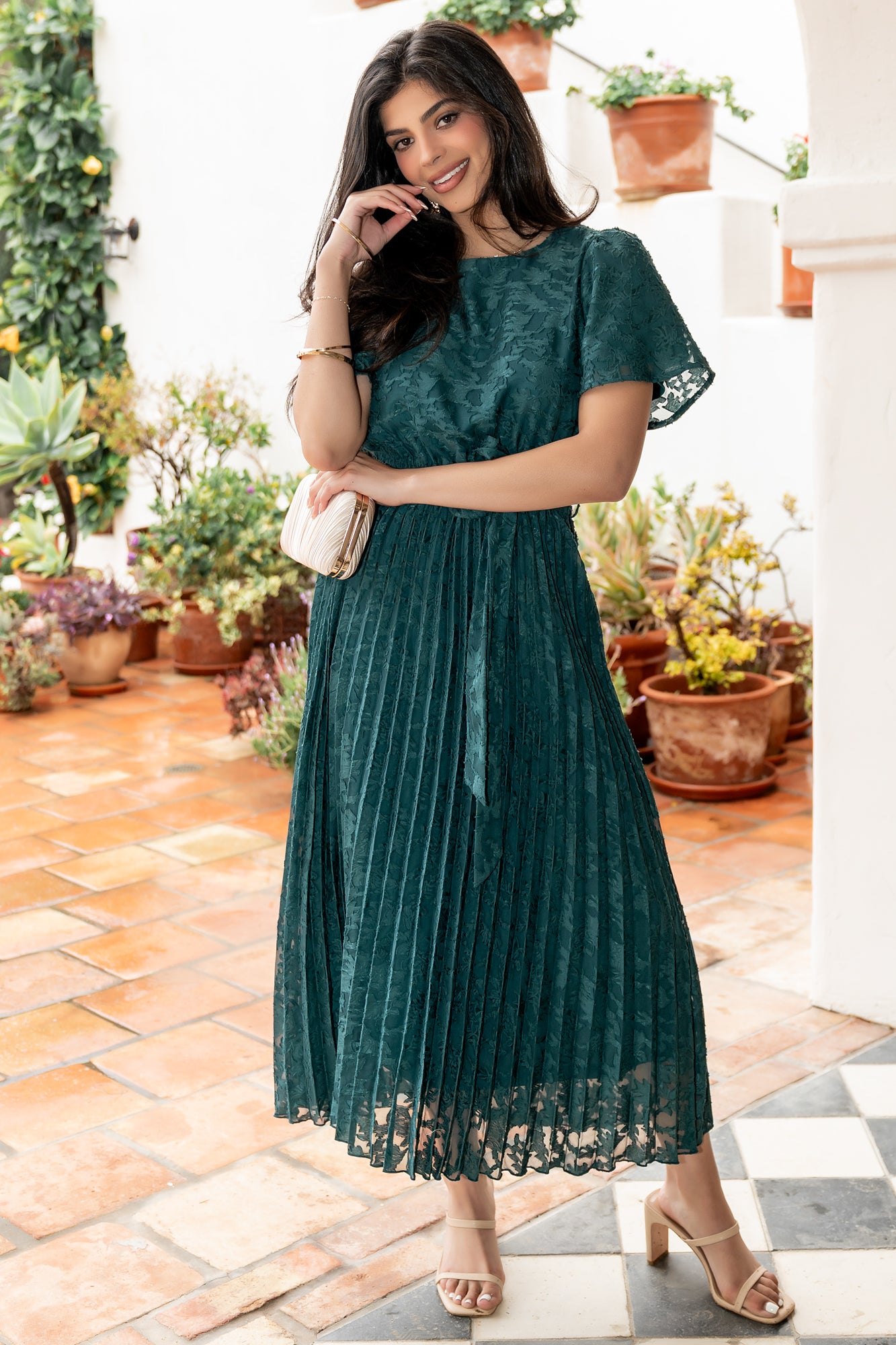 emerald green long sleeve pleated midi dress QPS Vintage, Emerald Green, Long Sleeve, Accordion Pleated Midi Dress sz M