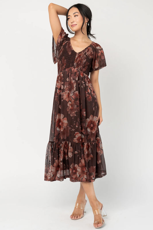 Livia Mesh Midi Dress | Brown + Rust Floral