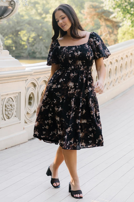 Mattea Smocked Midi Dress | Black Floral