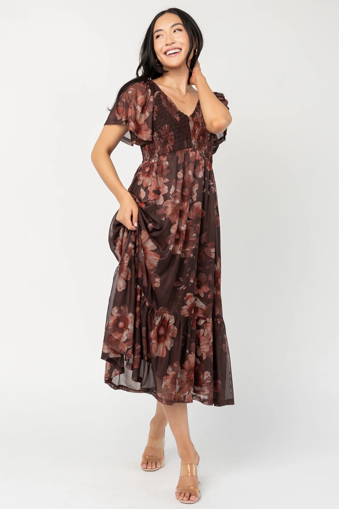Livia Mesh Midi Dress | Brown + Rust Floral