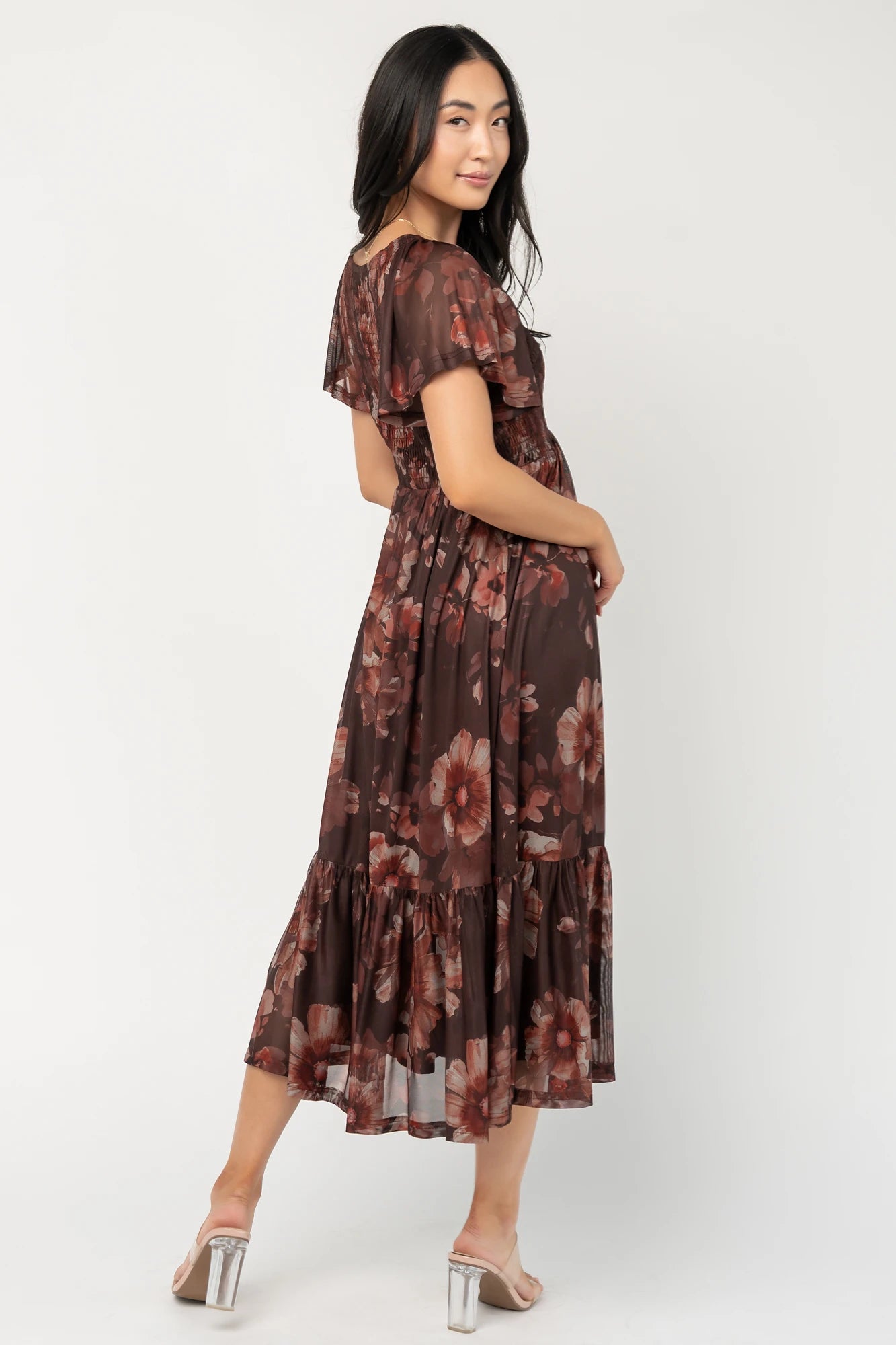 Livia Mesh Midi Dress | Brown + Rust Floral