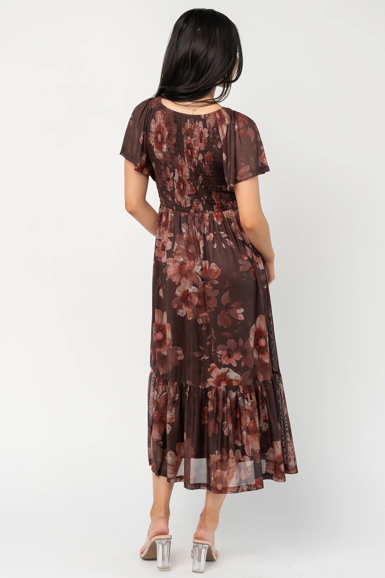 Livia Mesh Midi Dress | Brown + Rust Floral
