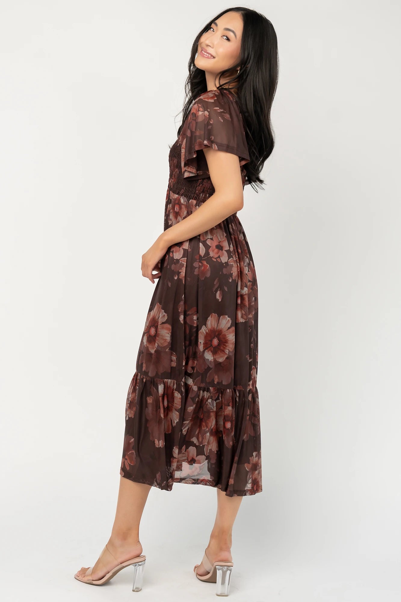 Livia Mesh Midi Dress | Brown + Rust Floral