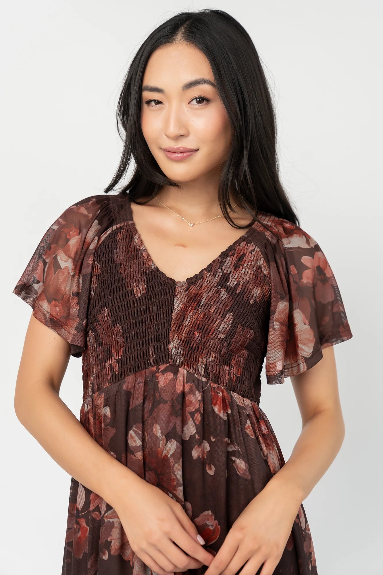 Livia Mesh Midi Dress | Brown + Rust Floral