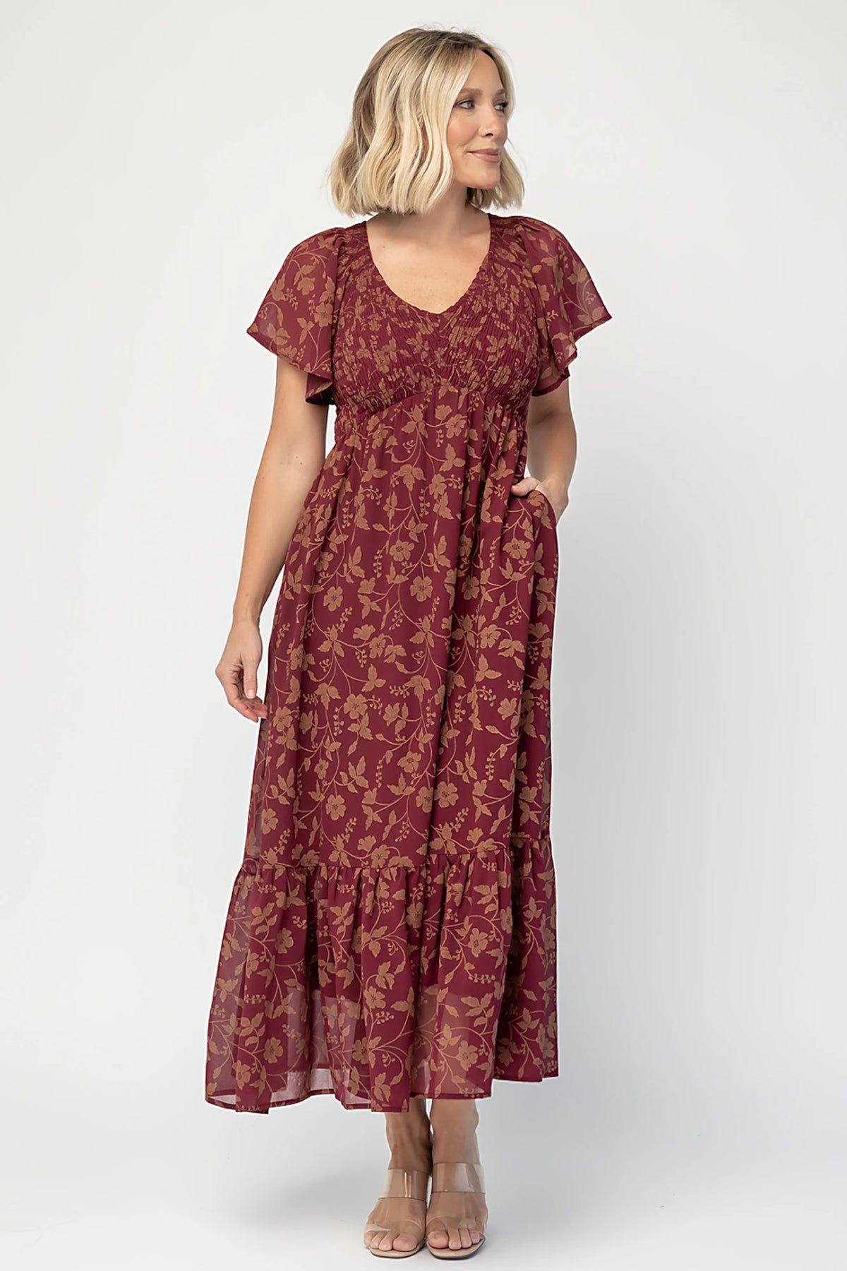 Monica Smocked Dress | Wine + Gold