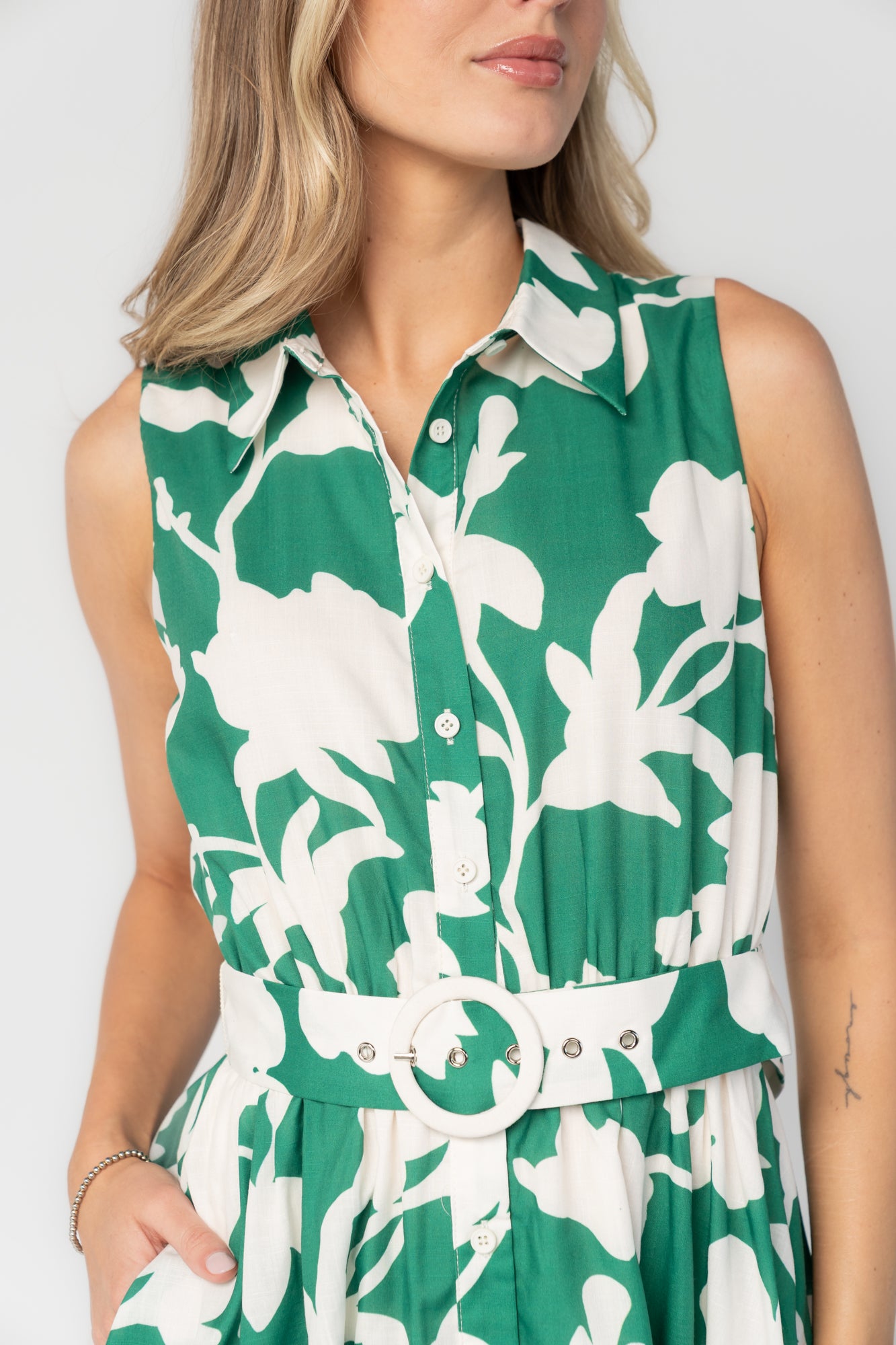 Tatum Button Down Dress | Green + Off White