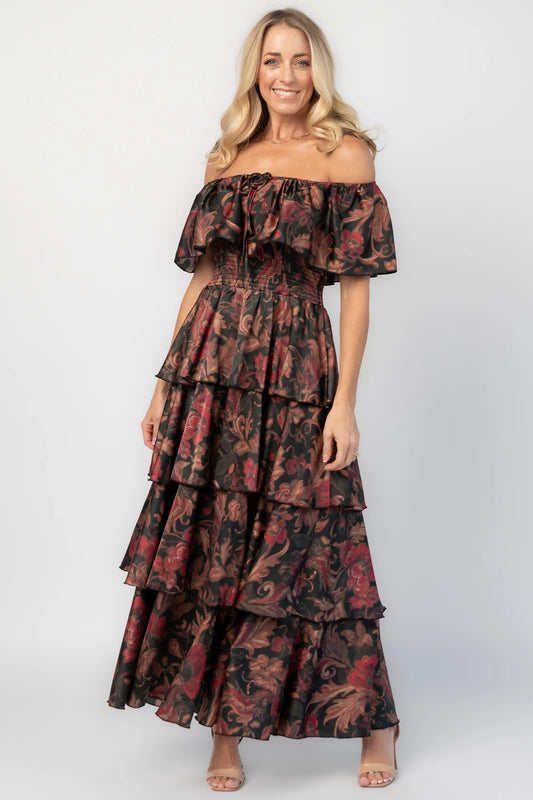 Isabelle Off Shoulder Maxi Dress | Black Multi Print