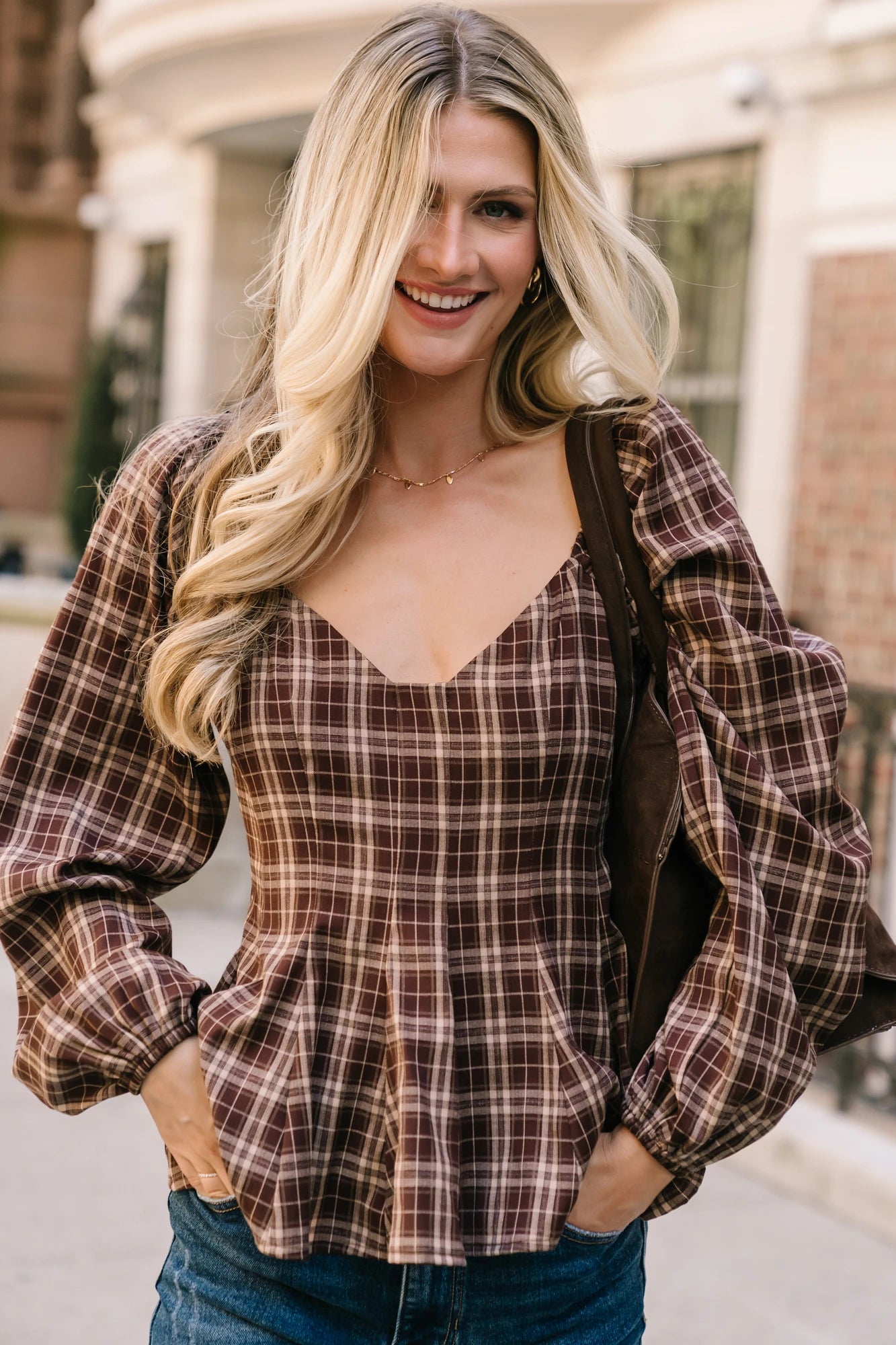 Sutton Peplum Top | Brown Plaid Print