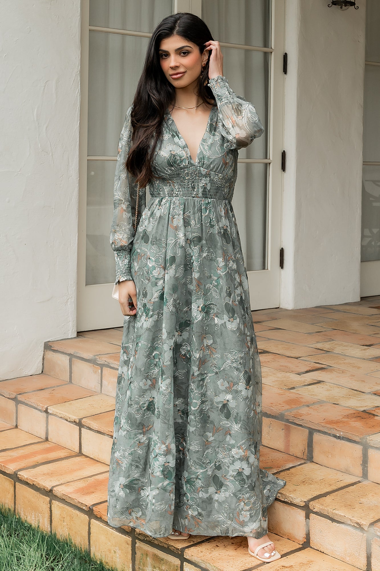 Baltic Born Womens Jolie Embroidered Tulle Dress | Sage + Gold Floral | Color: Topaz Ombre Floral