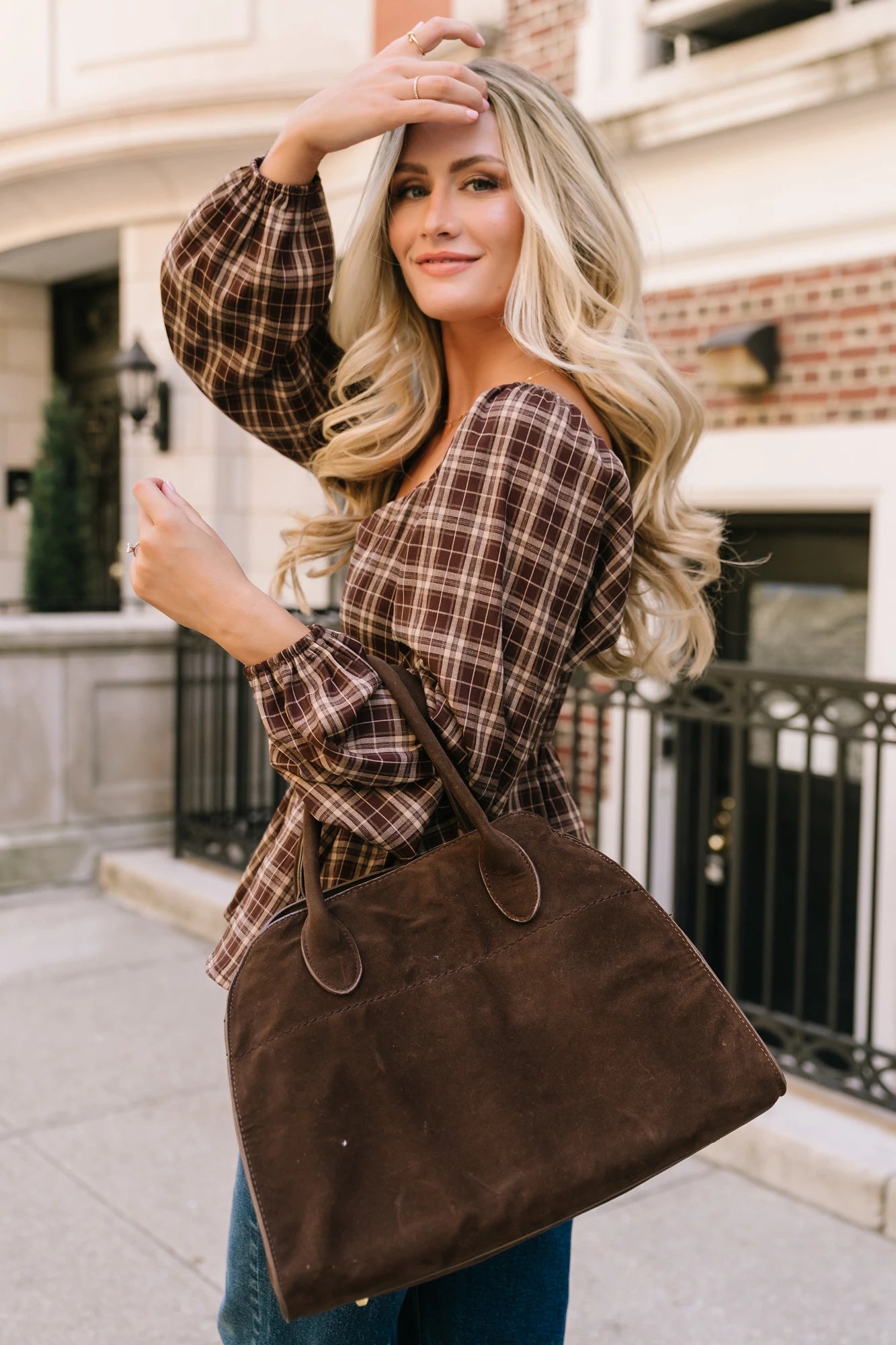 Sutton Peplum Top | Brown Plaid Print