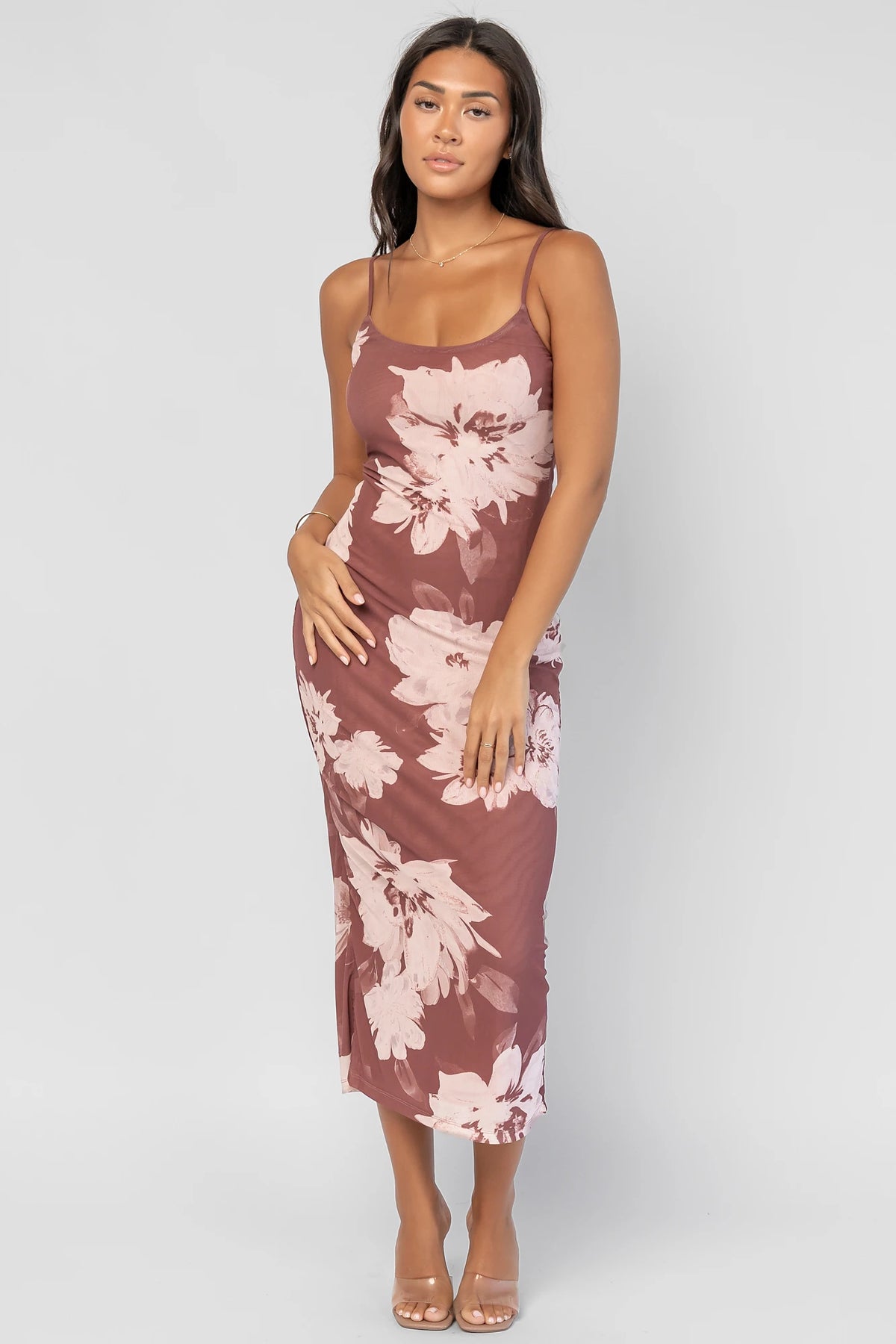 Raelynne Mesh Midi Dress | Dusty Mauve Floral
