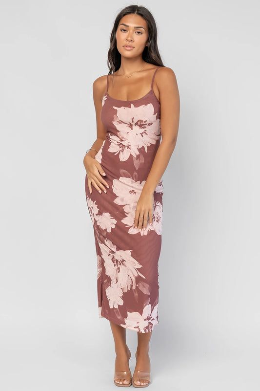 Raelynne Mesh Midi Dress | Dusty Mauve Floral