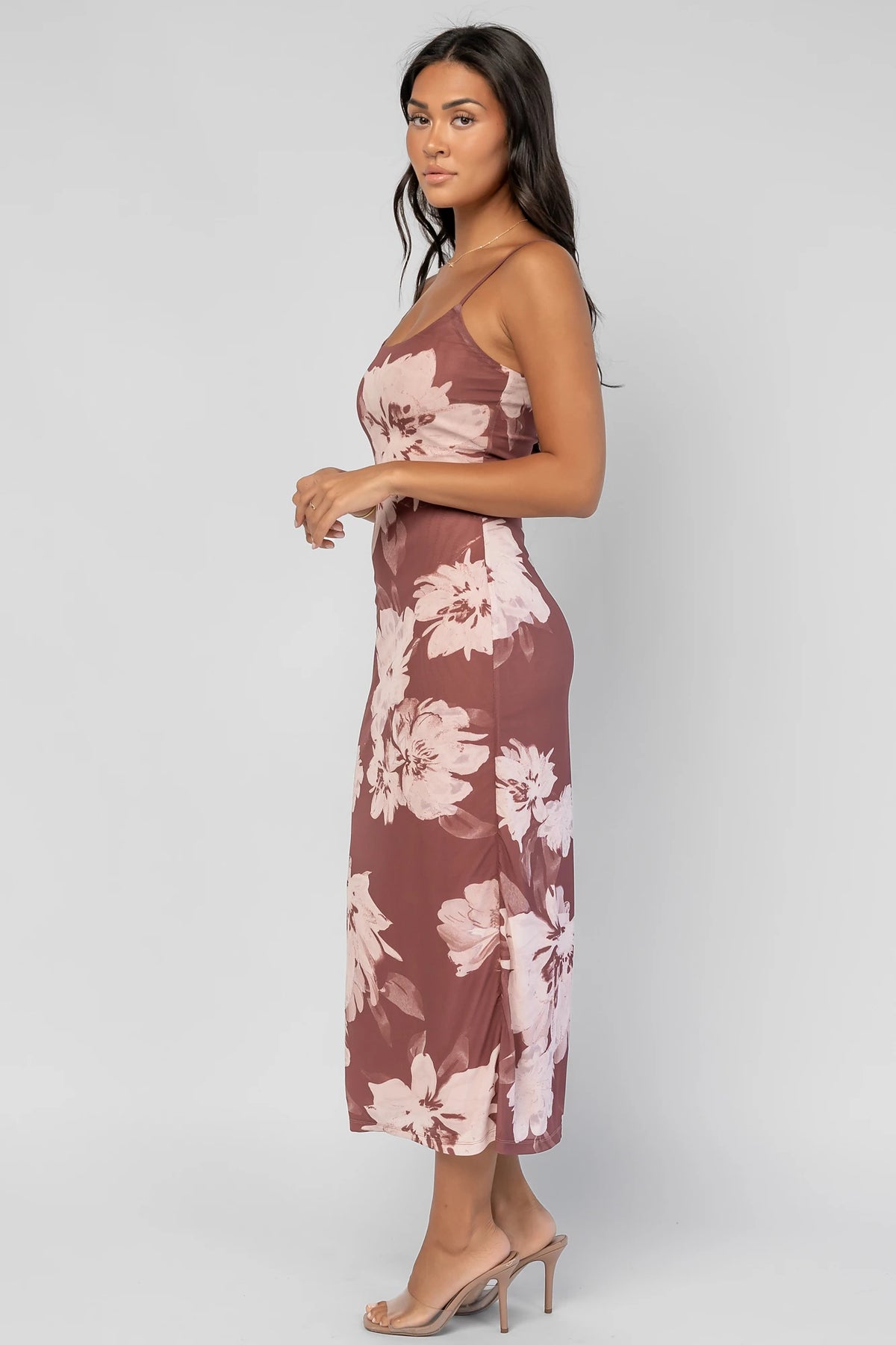 Raelynne Mesh Midi Dress | Dusty Mauve Floral