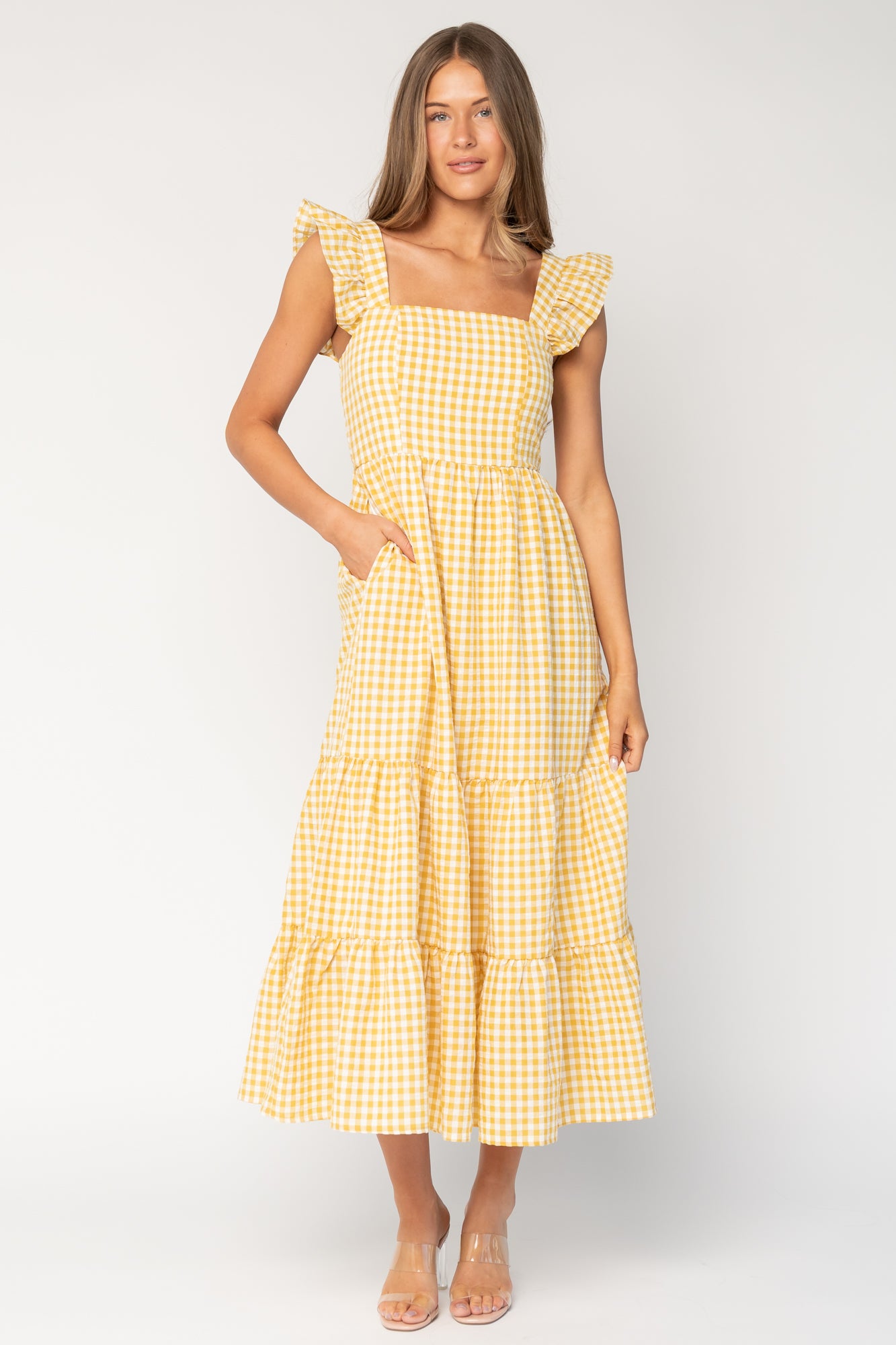 Baltic Born Womens Campbell Gingham Maxi Dress | Yellow + White