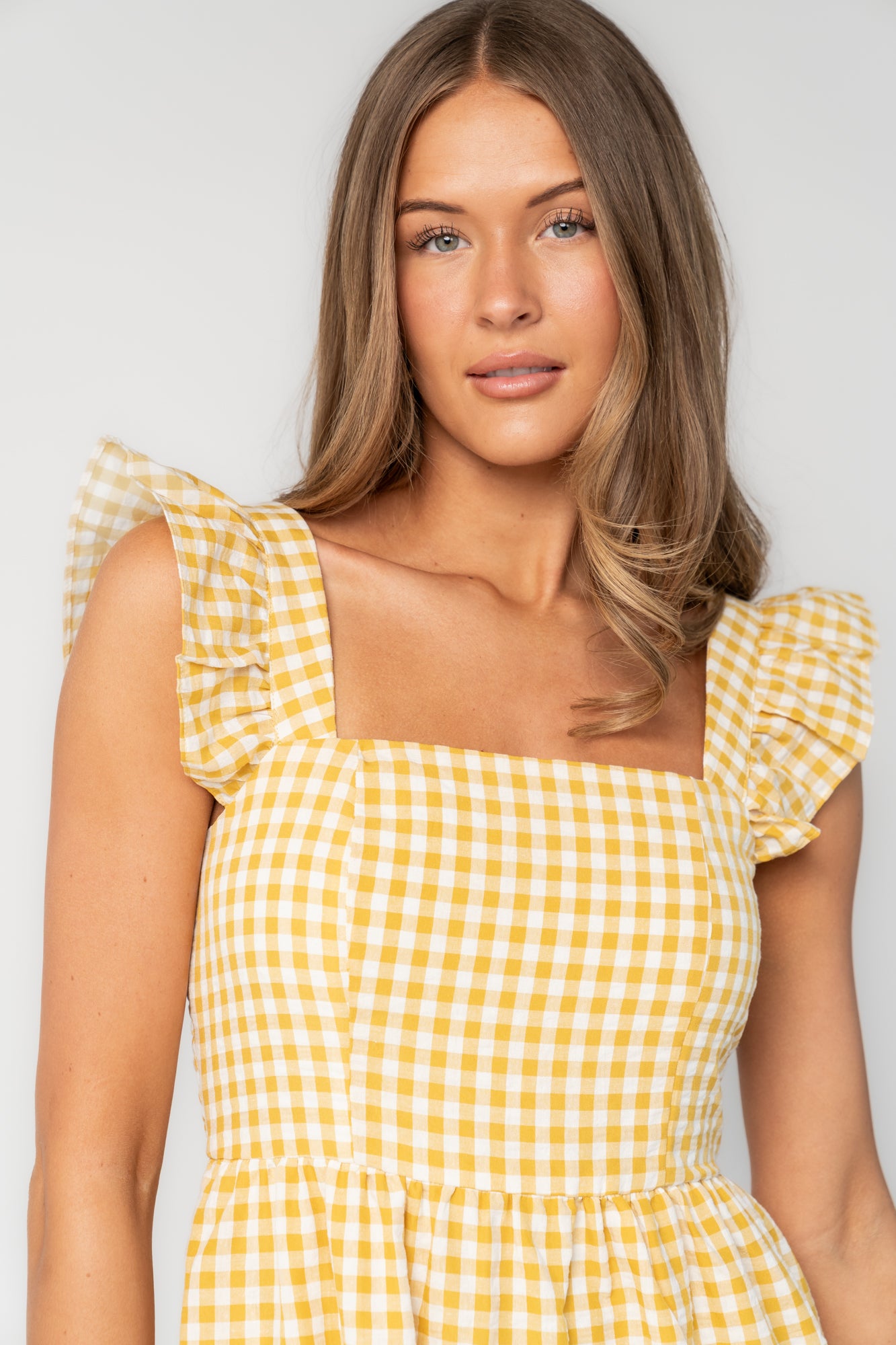 Baltic Born Womens Campbell Gingham Maxi Dress | Yellow + White