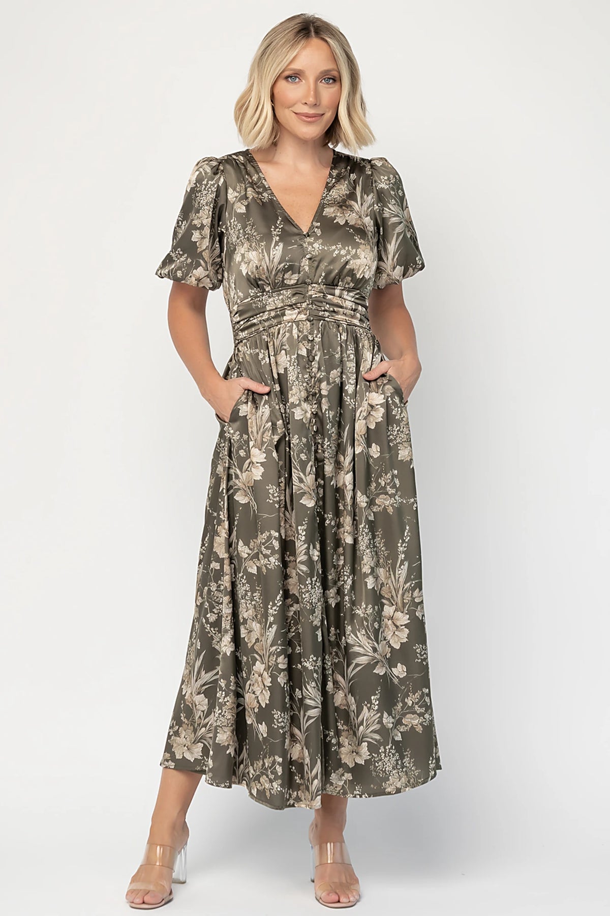 Lilibet Satin Dress | Olive Floral