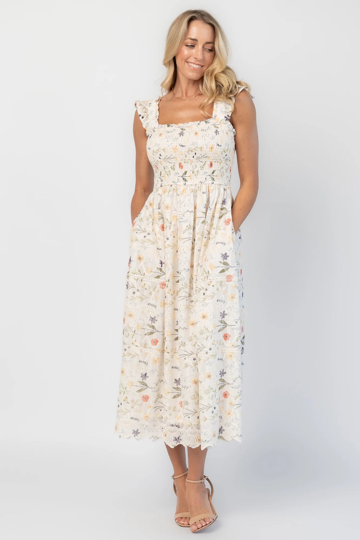 Tulia Lace Midi Dress | Cream Floral