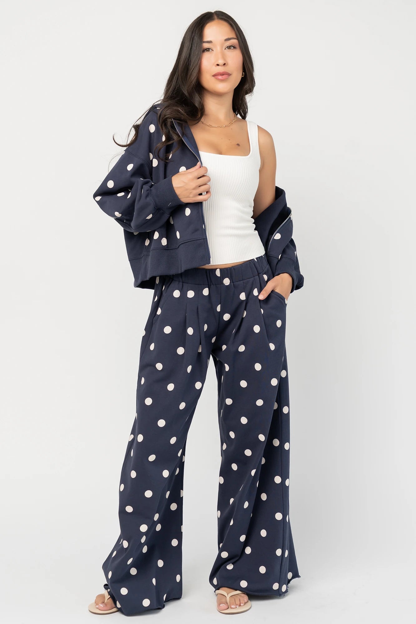 Lydia Wide Leg Sweatpants | Navy Dot