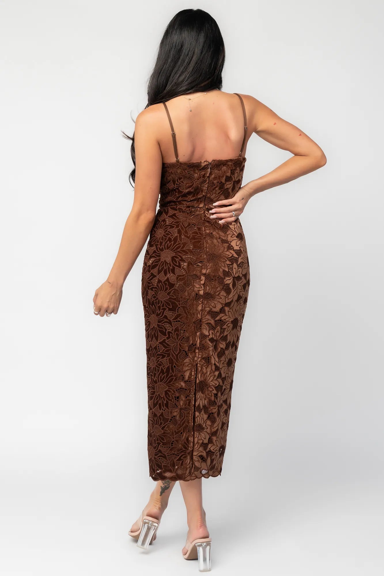 dress lavern midi brown product info and reviews Vestido Midi Anna Lace - Caf