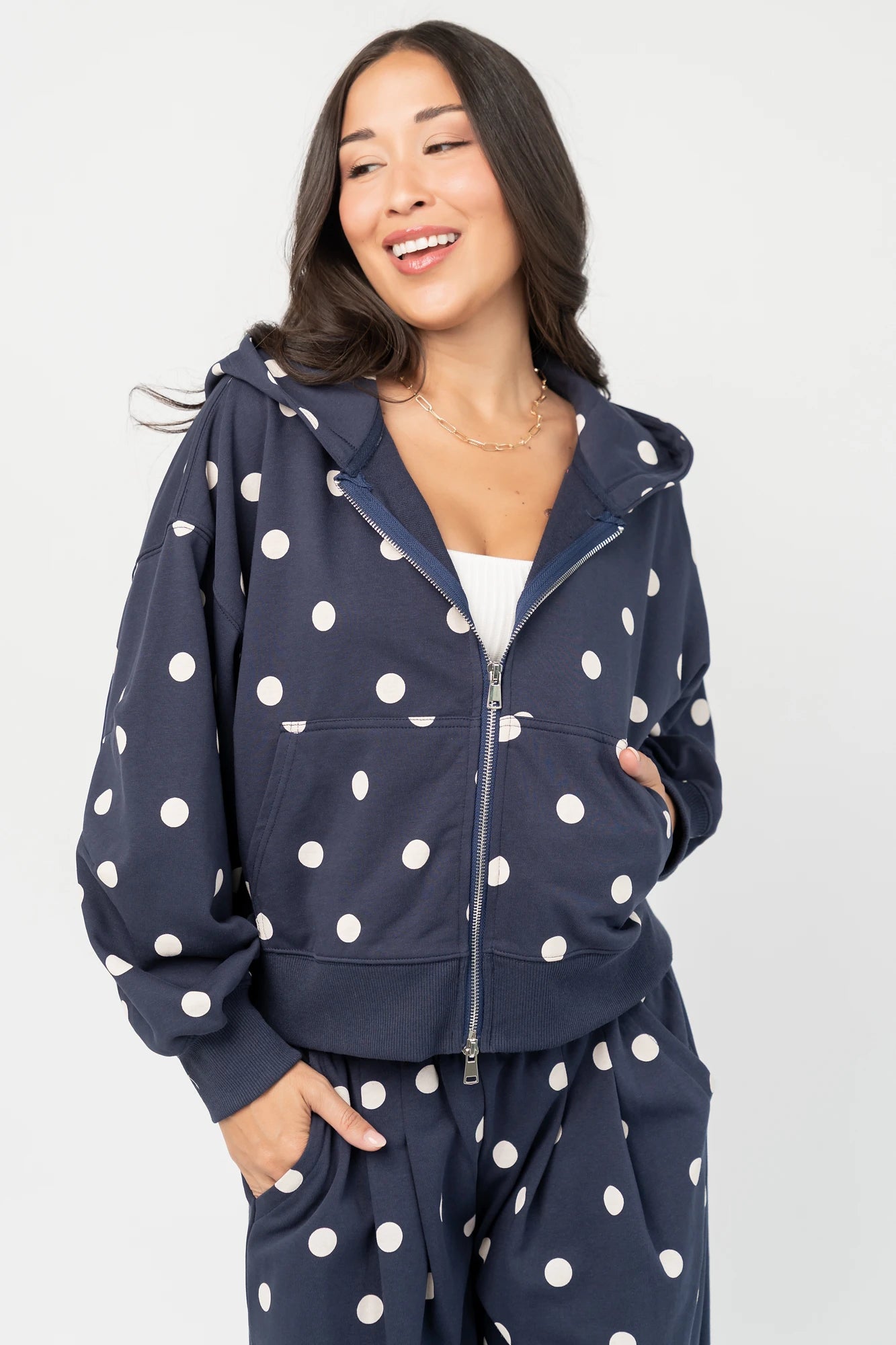 Lydia Zip Up Hoodie | Navy Dot