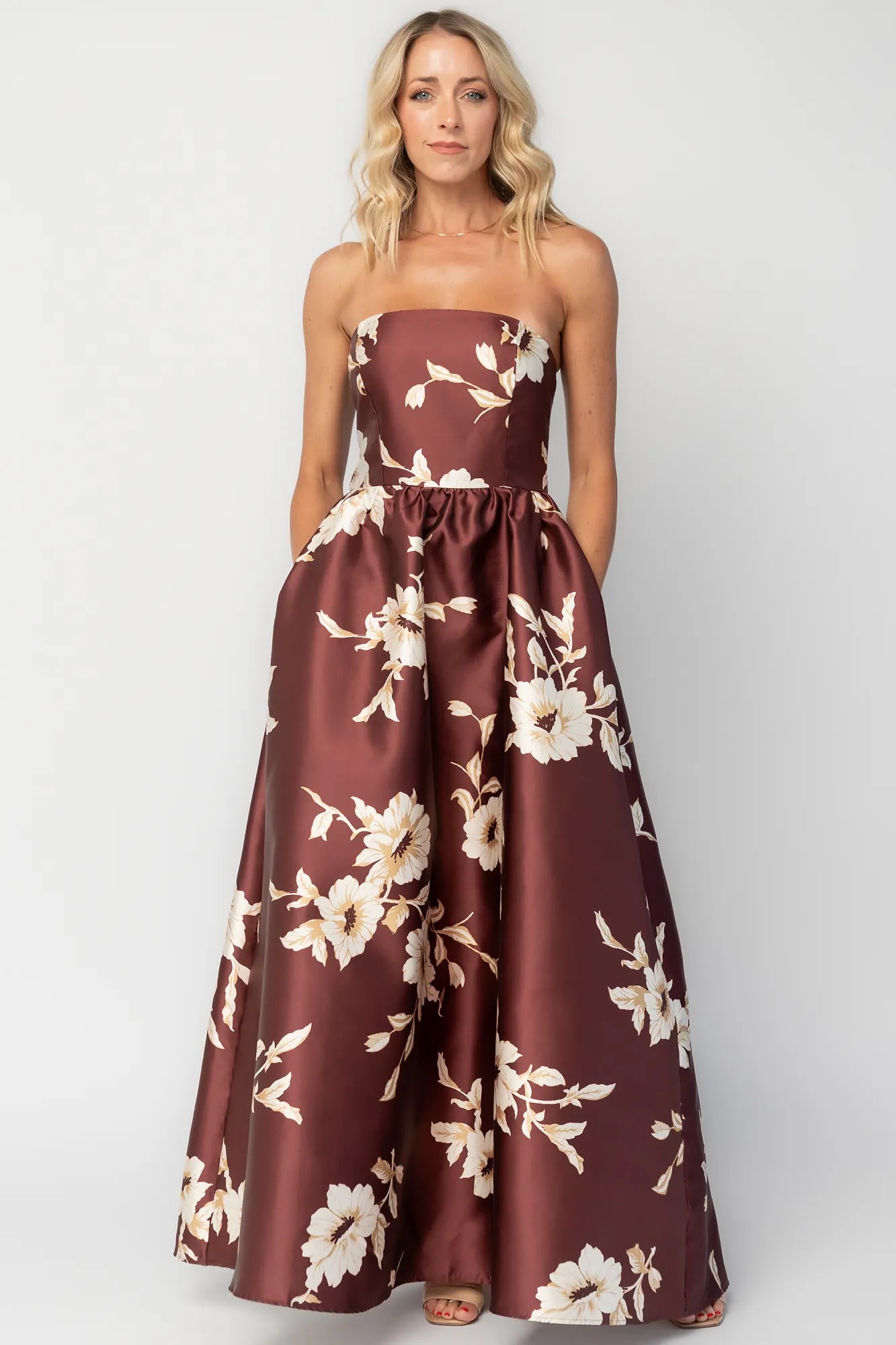 Rosette Strapless Maxi Gown | Mahogany Floral