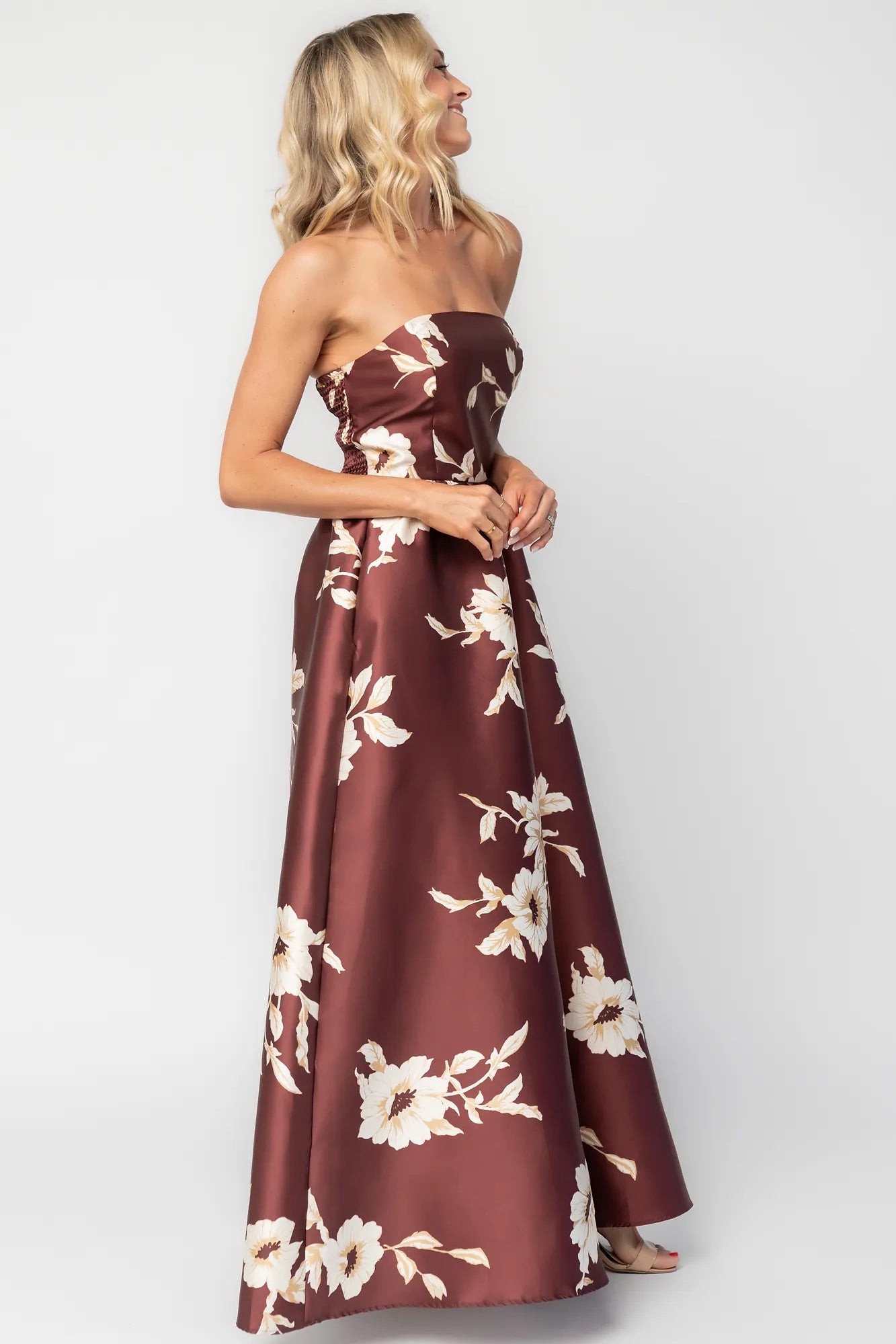 Rosette Strapless Maxi Gown | Mahogany Floral