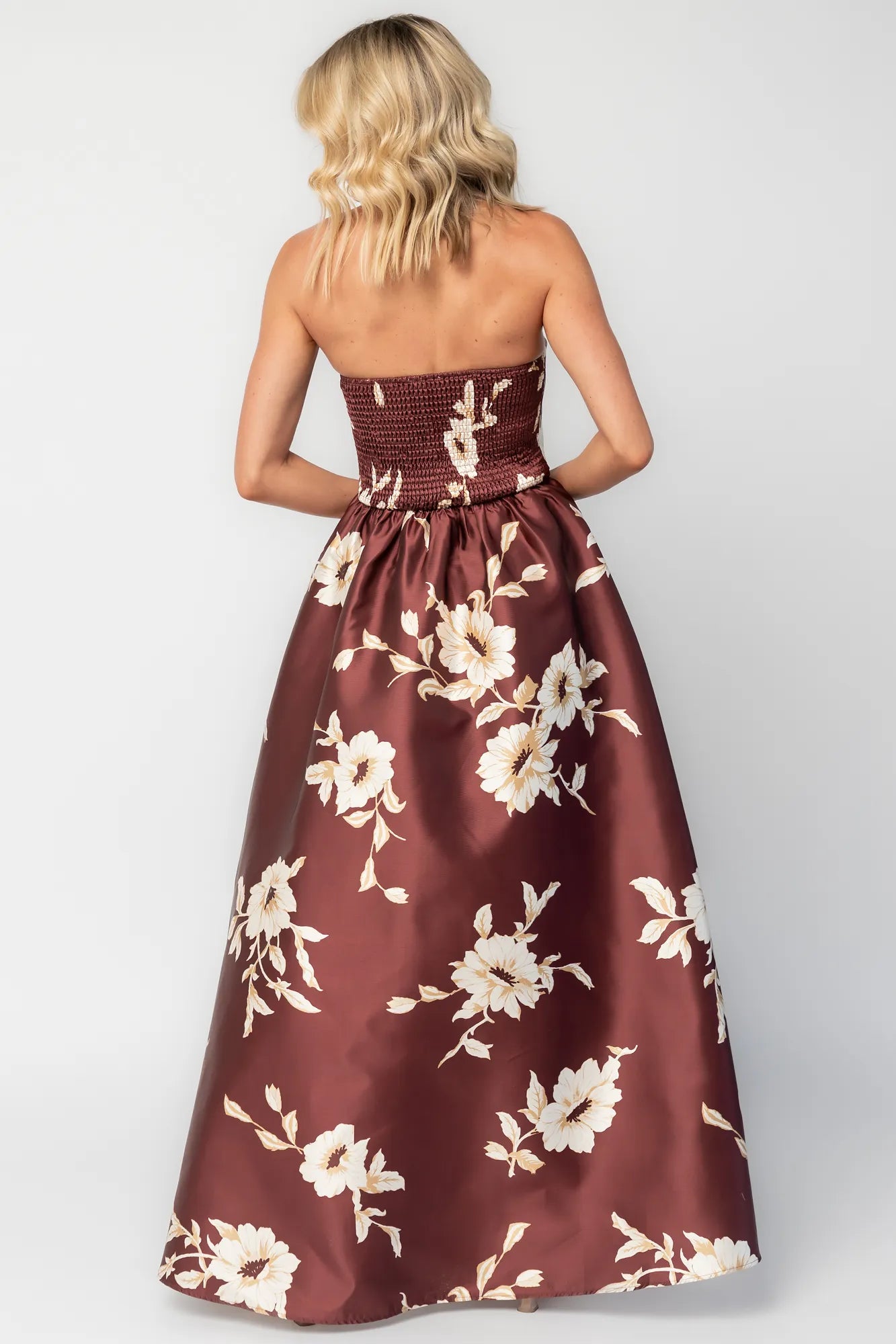 Rosette Strapless Maxi Gown | Mahogany Floral