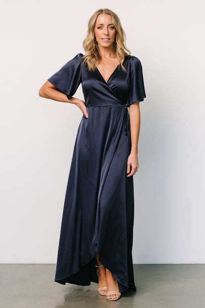 Vara Satin Maxi Wrap Dress | Navy