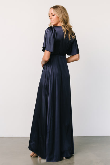 Vara Satin Maxi Wrap Dress | Navy