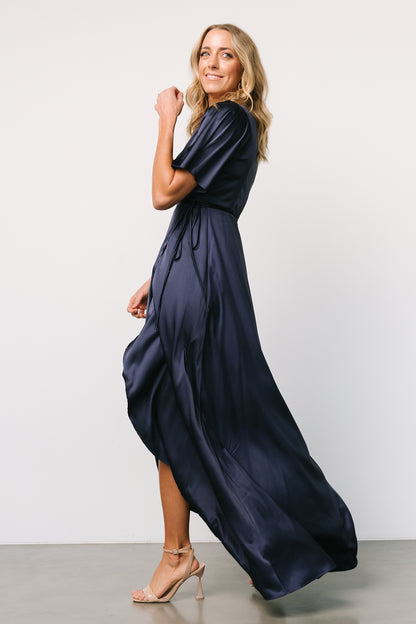 Vara Satin Maxi Wrap Dress | Navy