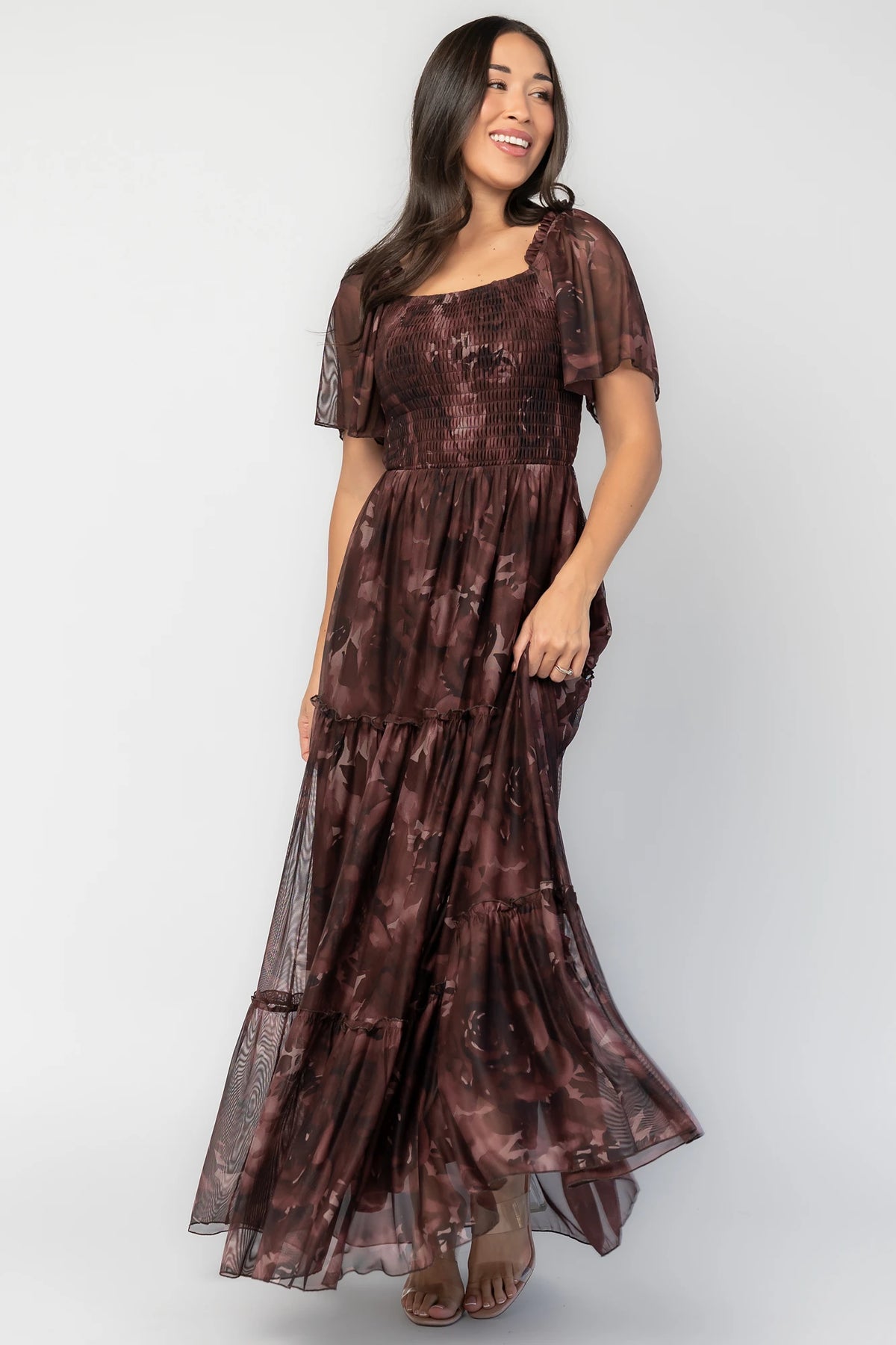 Meya Mesh Maxi Dress | Dark Mahogany Print
