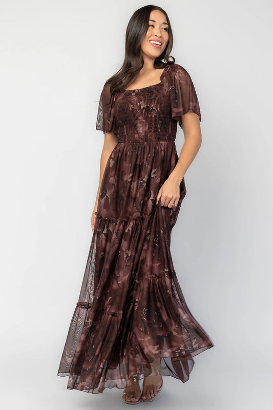 Meya Mesh Maxi Dress | Dark Mahogany Print