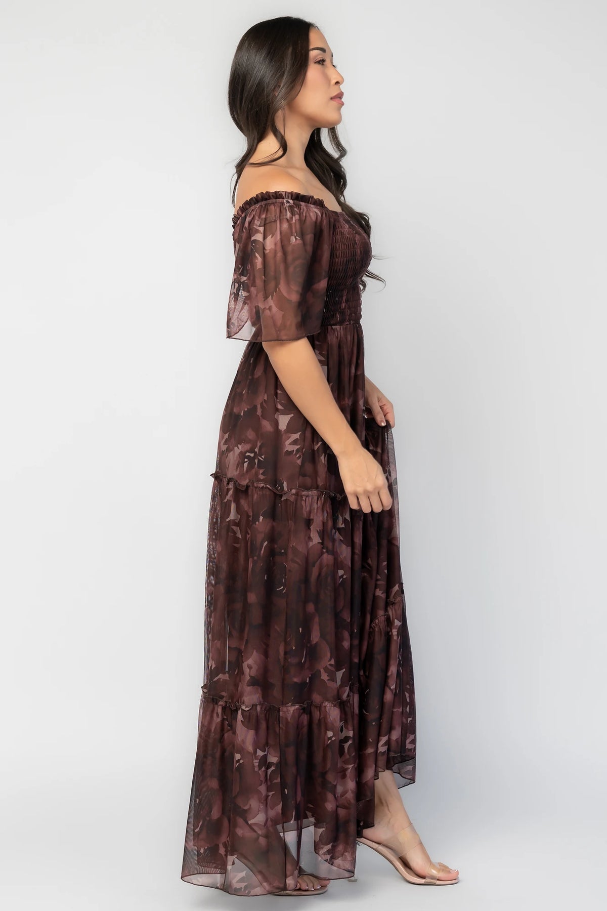 Meya Mesh Maxi Dress | Dark Mahogany Print