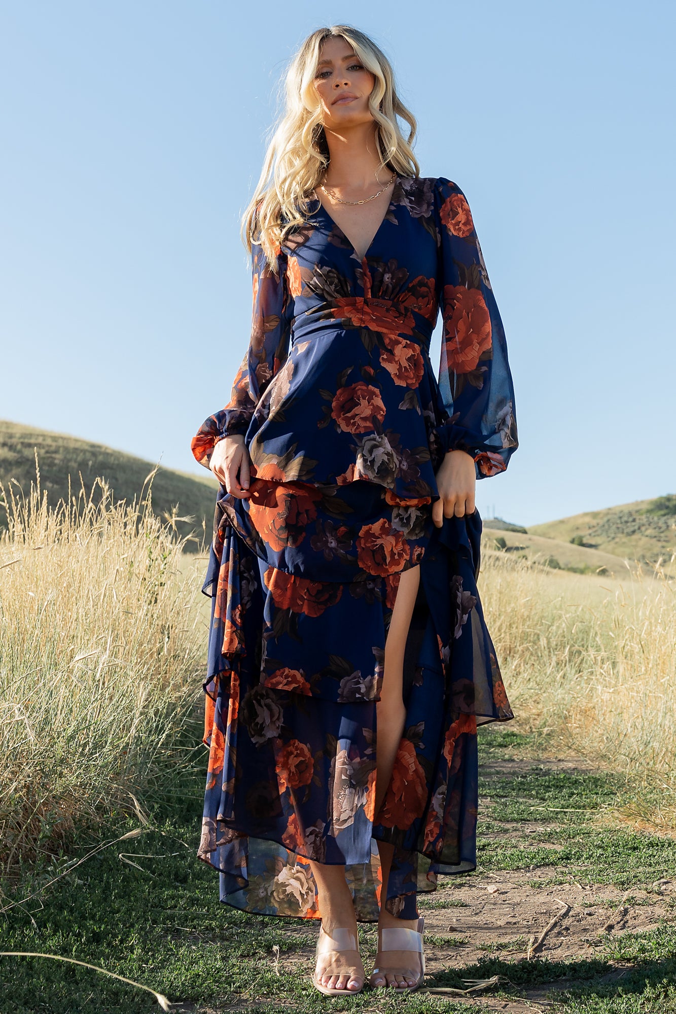 Baltic Born Womens Mariella Tiered Maxi Dress | Navy + Rust
