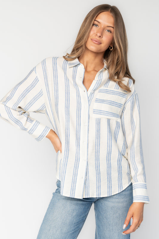 Kane Button Top | Off White + Blue