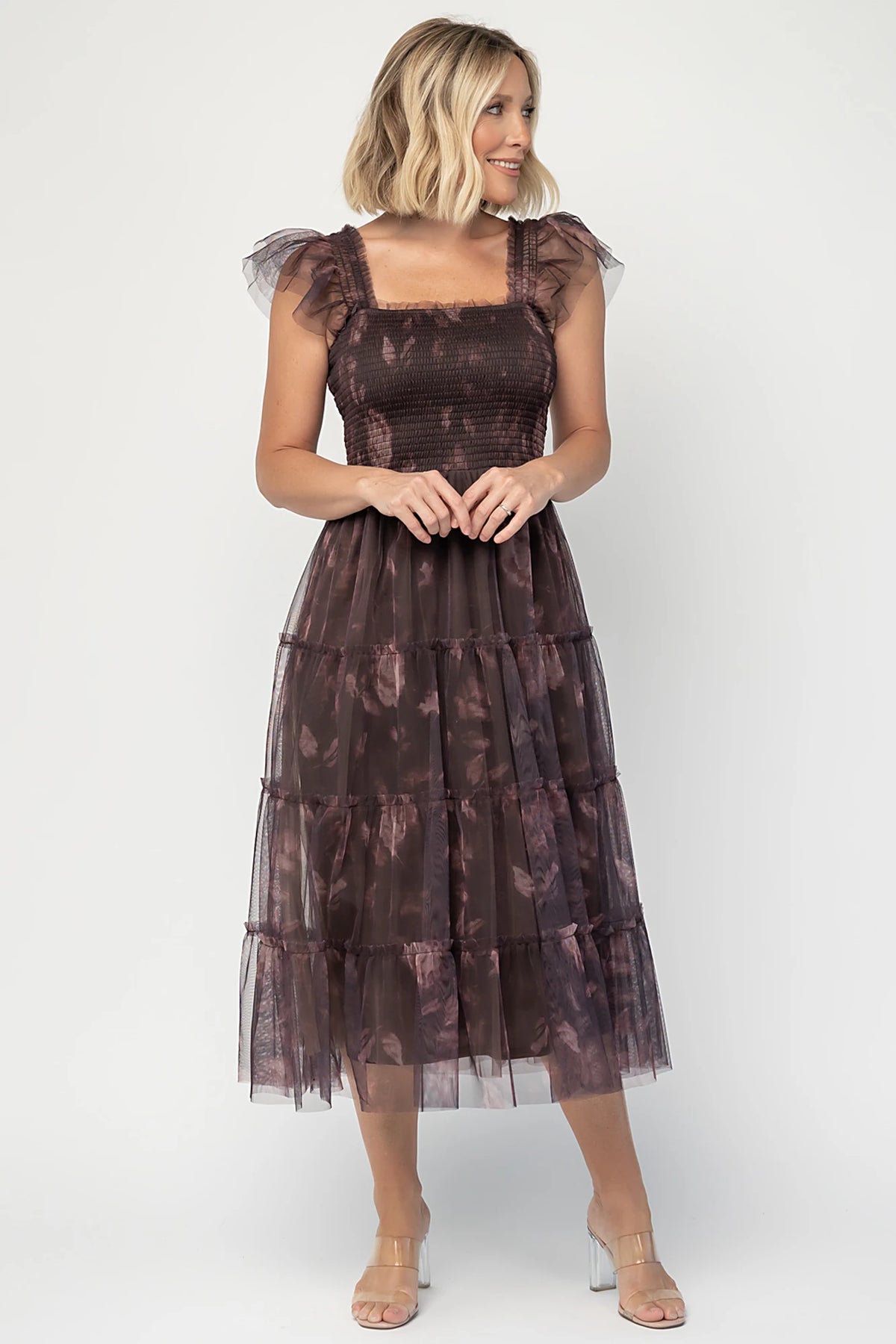 Clementine Tulle Midi Dress | Dark Clove Print