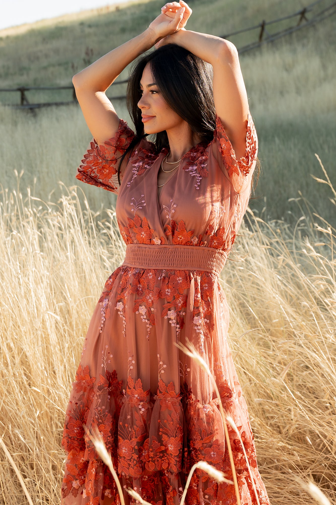 Baltic Born Womens Lotte Embroidered Midi Dress | Rust
