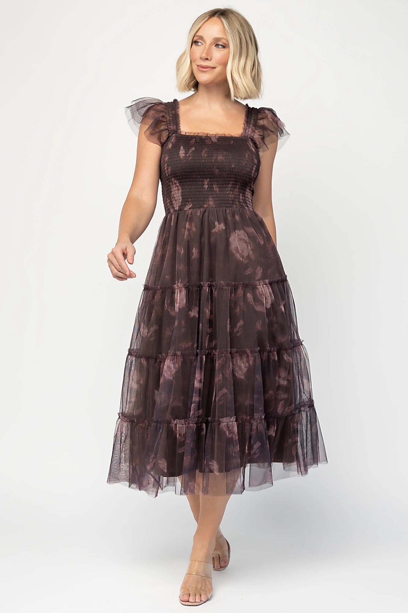 Clementine Tulle Midi Dress | Dark Clove Print