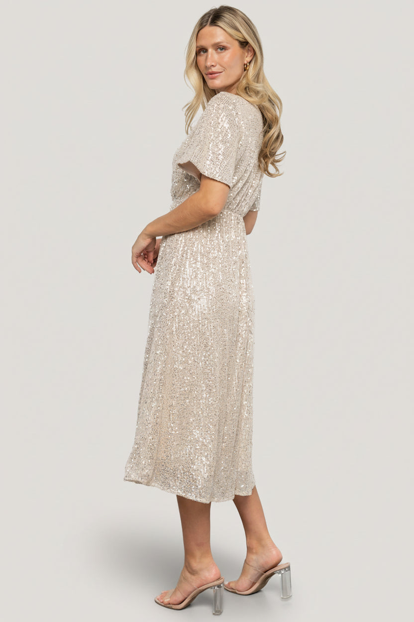 Baltic Born Womens Mayfair Sequin Midi Dress | Champagne