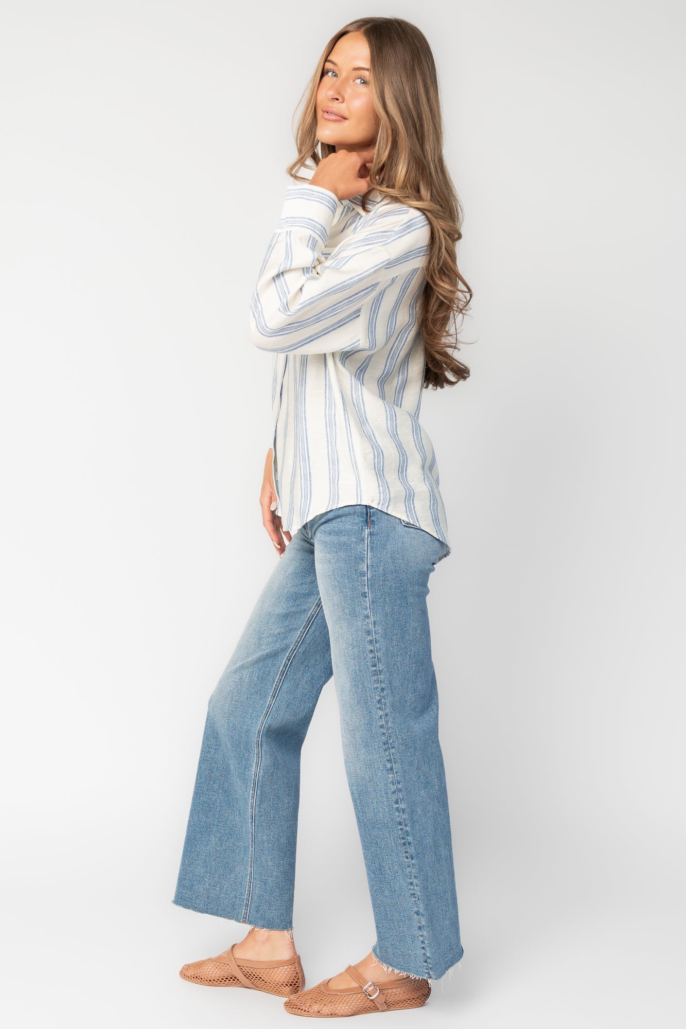 Kane Button Top | Off White + Blue