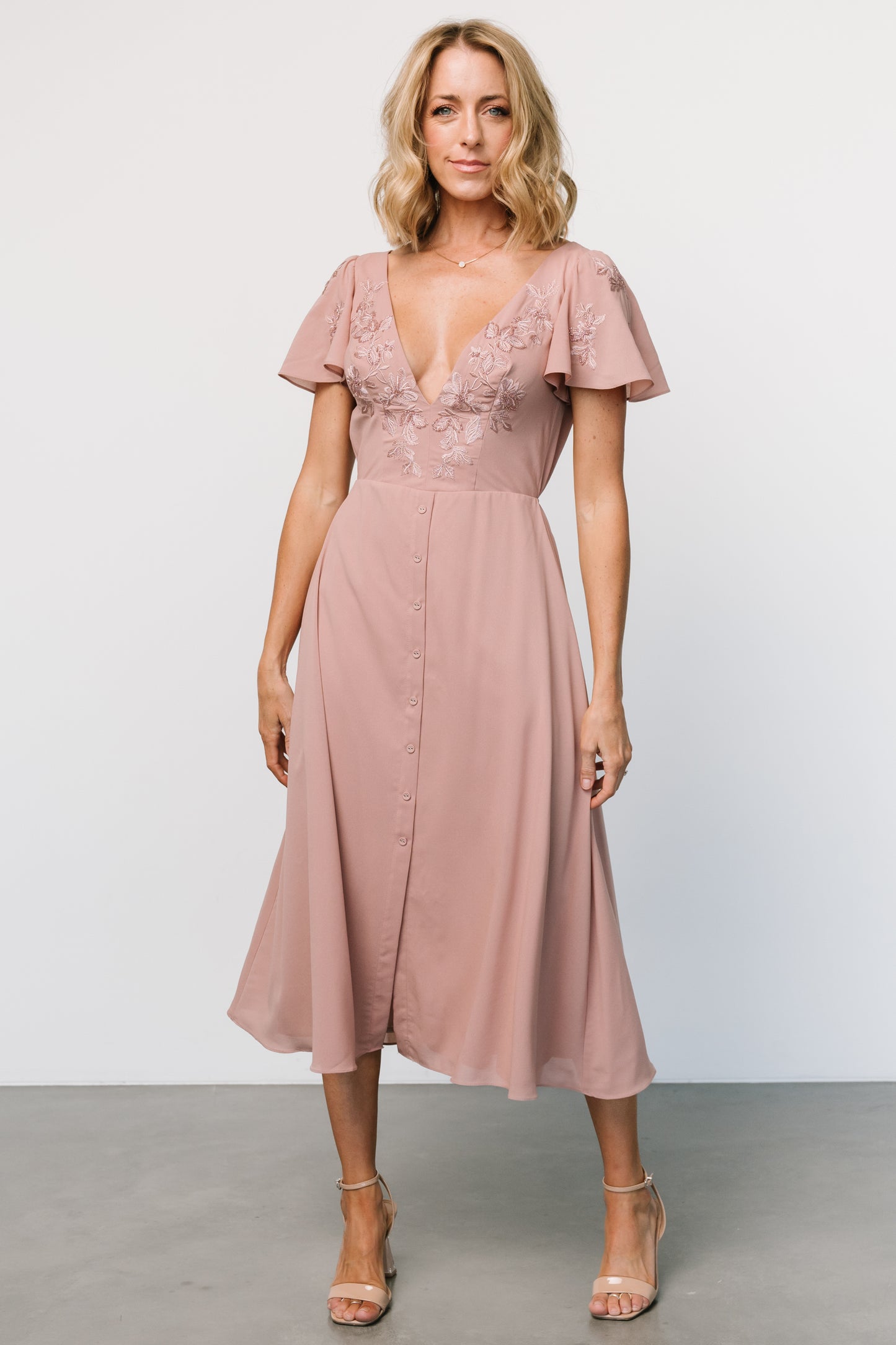 Swan Bead Embroidered Midi Dress | Dusty Rose