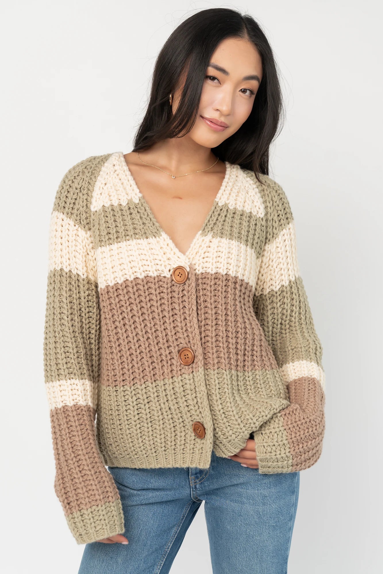 Ophelia Chunky Striped Cardigan | Sage Multi