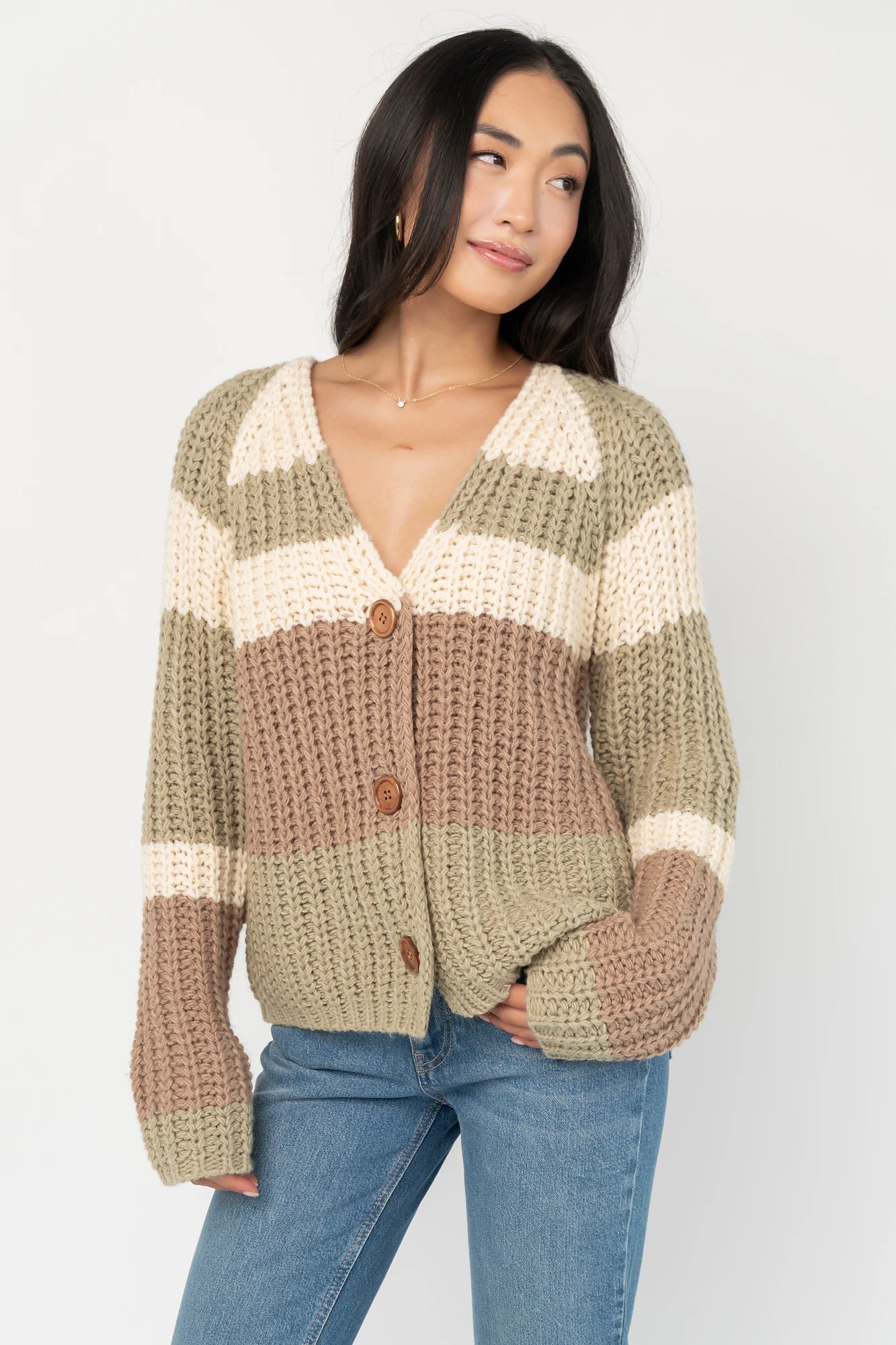 Ophelia Chunky Striped Cardigan | Sage Multi