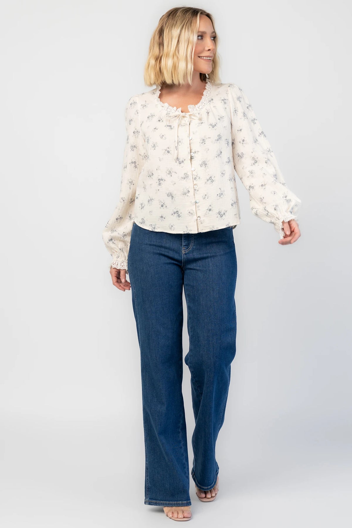 Stephanie Button Front Blouse | Ivory + Blue Floral